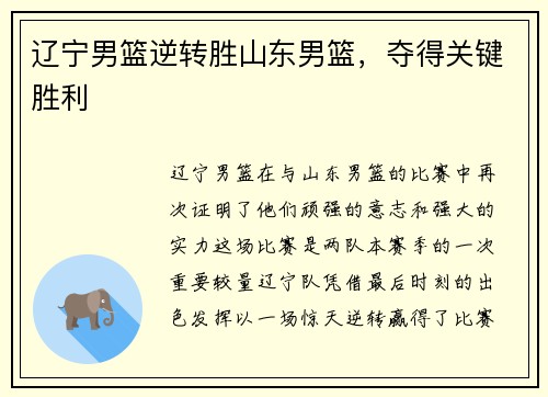 辽宁男篮逆转胜山东男篮，夺得关键胜利