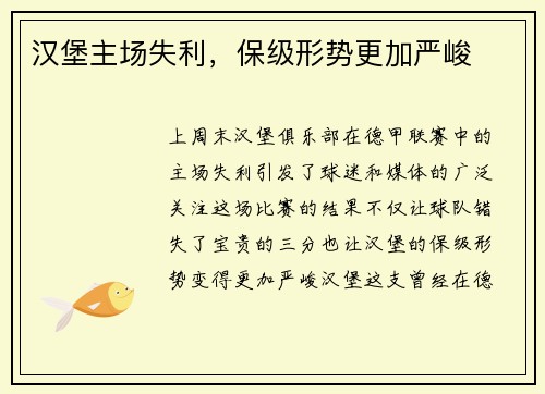 汉堡主场失利，保级形势更加严峻