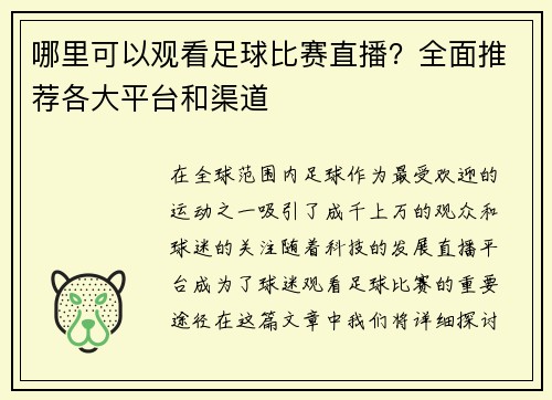 哪里可以观看足球比赛直播？全面推荐各大平台和渠道